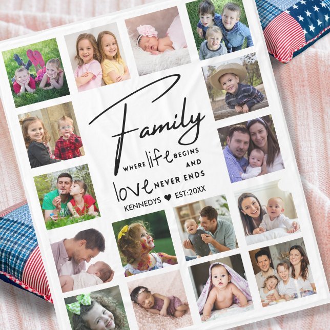 16 Photo Collage Family Name Quote Black And white Fleece Blanket (Creator Uploaded)