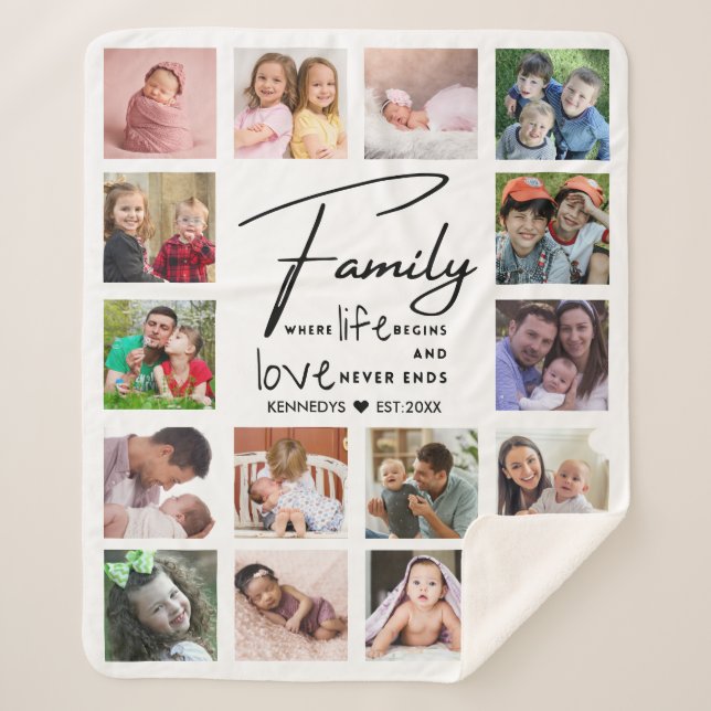 16 Photo Collage Family Name Quote Black And white Sherpa Blanket (Front)