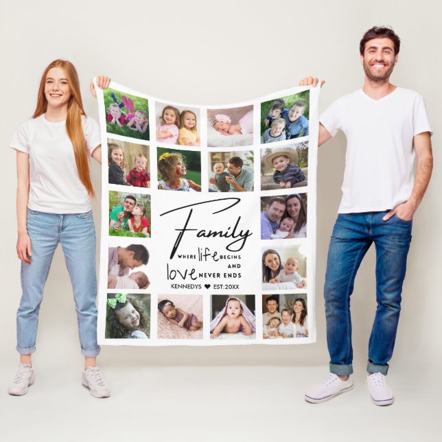 16 Photo Collage Family Quote Name Black And white Fleece Blanket (In Situ)