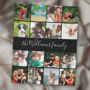 16 Photo Collage Family Script Name Fleece Blanket