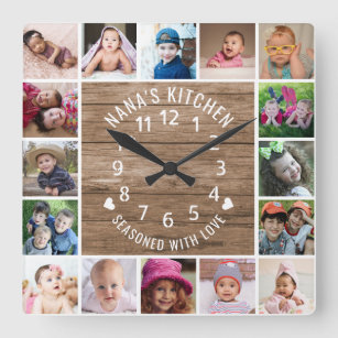 16 Photo Collage Frame Rustic Wood Nana's Kitchen Square Wall Clock