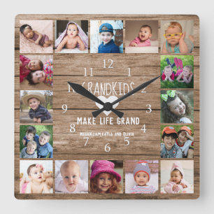 16 Photo Collage Grandkids Make Life Grand Wood Square Wall Clock