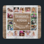 16 Photo Collage Grandma’s Kitchen Wood And Marble Cutting Board<br><div class="desc">This rustic wood and marble glass cutting board is a heartfelt tribute to Grandma’s kitchen, featuring a 16-photo collage template. The design includes "Grandma’s Kitchen – Seasoned with Love" typography, making it a perfect keepsake for showcasing treasured family memories. Ideal for daily use or as a decorative piece, this personalised...</div>