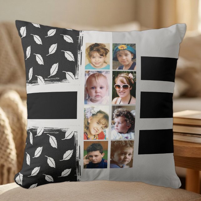 16 photo collage leaves stripes black cushion (Creator Uploaded)