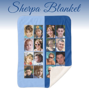 16 photo collage light and dark blue sherpa blanket