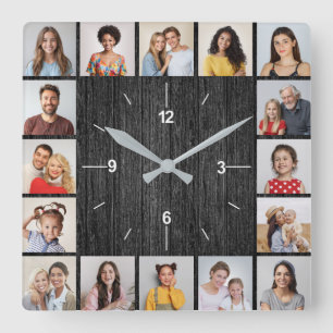 16 Photo Collage Light Black Faux Wood Fence  Square Wall Clock