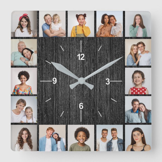 16 Photo Collage Light Black Faux Wood Fence  Square Wall Clock (Front)