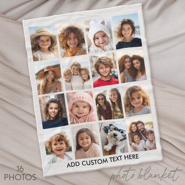 16 Photo Collage - Light Grey with Text Fleece Blanket (Custom Photo Blankets)