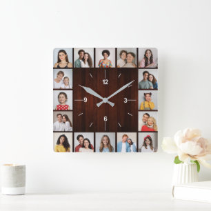 16 Photo Collage Red Faux Wood Fence Square Wall Clock