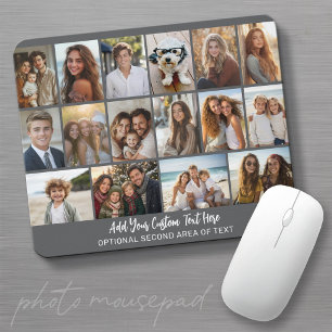 16 Photo Grid - 2 lines text - grey white party Mouse Pad