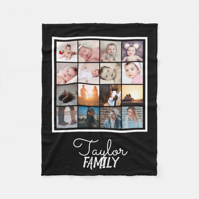 16 Photos Collage Personalised Template Fleece Blanket (Front)