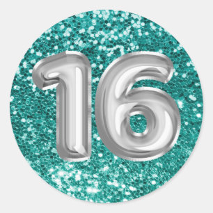 16 Silver Foil Balloons Sparkly Teal Glitter Classic Round Sticker