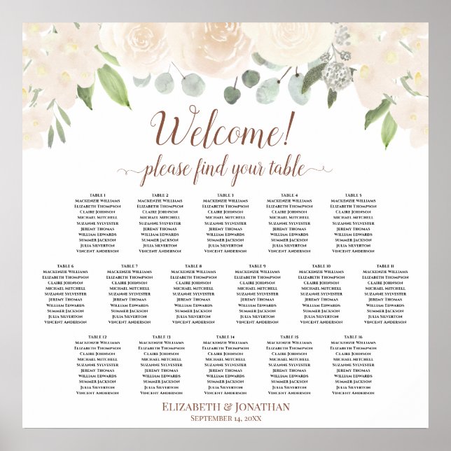 16 Table Blush Peach Roses Wedding Seating Chart (Front)