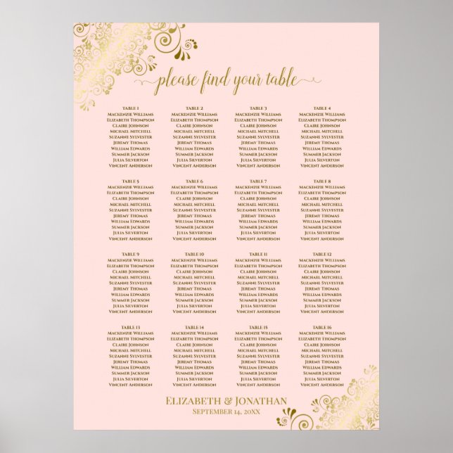 16 Table Blush Pink & Gold Wedding Seating Chart (Front)