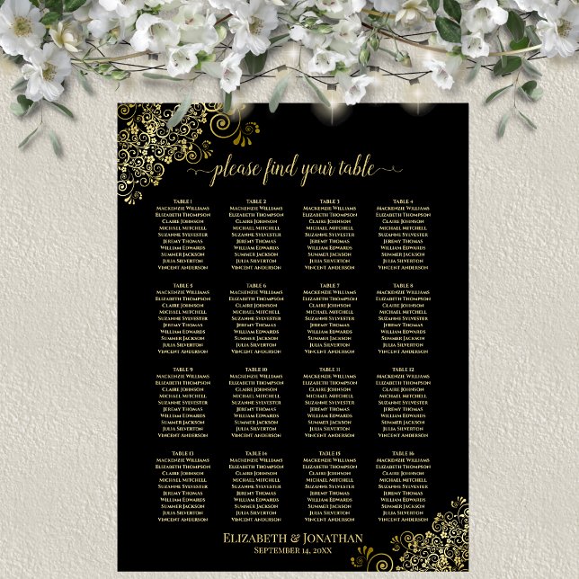 16 Table Gold Frills Wedding Seating Chart Black (In Situ on Wall with Decorations)