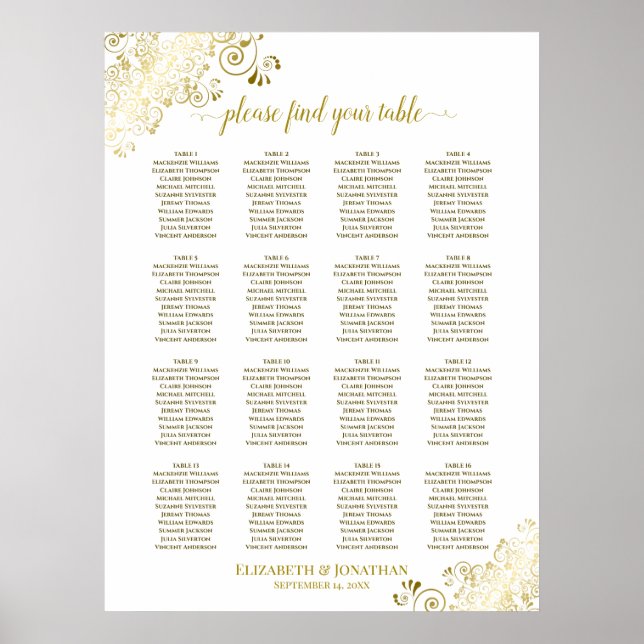 16 Table Gold Frills Wedding Seating Chart White (Front)