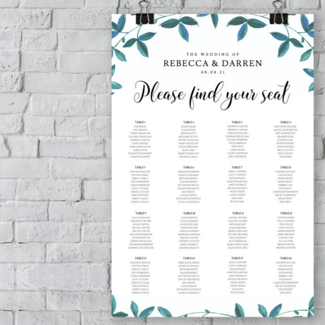 16 Table Green Leaves Wedding Seating Chart (Creator Uploaded)