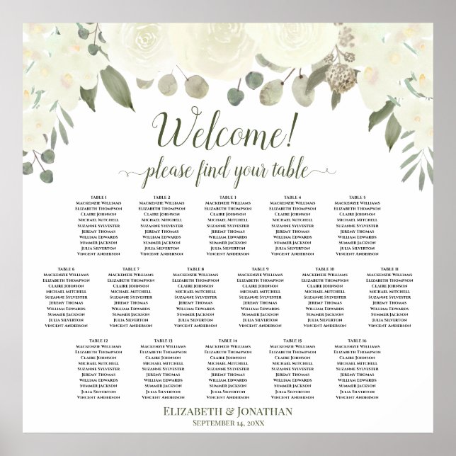 16 Table Ivory White Roses Wedding Seating Chart (Front)