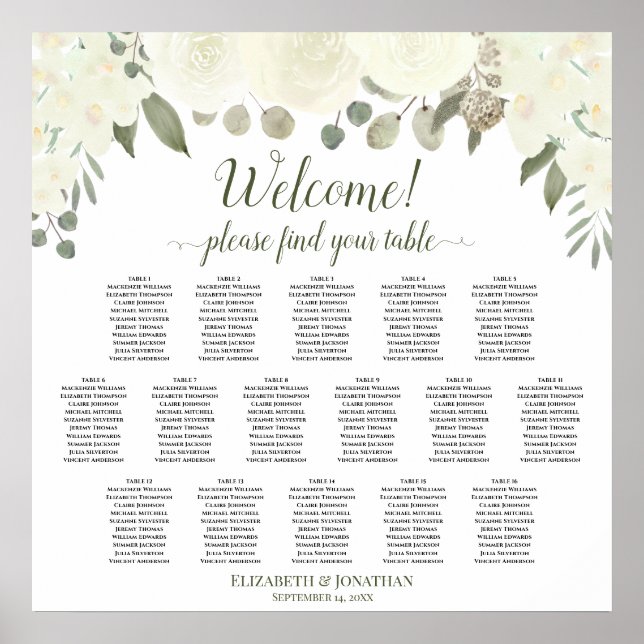 16 Table Ivory White Roses Wedding Seating Chart (Front)