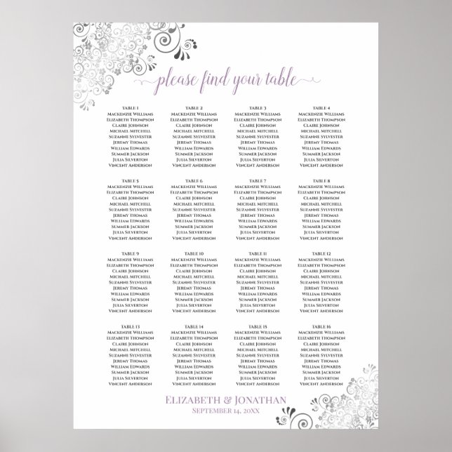 16 Table Lacy Wedding Seating Chart White Lavender (Front)
