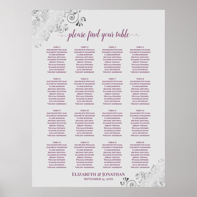 16 Table Magenta Plum & Gray Wedding Seating Chart (Front)