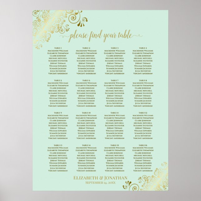16 Table Mint Green & Gold Wedding Seating Chart (Front)
