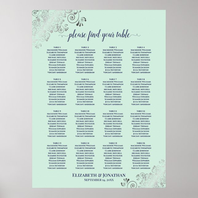 16 Table Mint Green & Navy Wedding Seating Chart (Front)