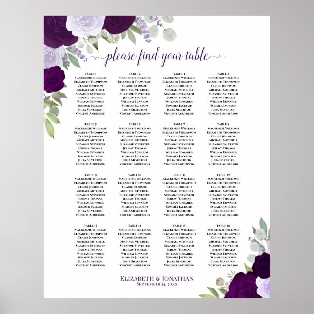 16 Table Purple Boho Floral Wedding Seating Chart (Front)