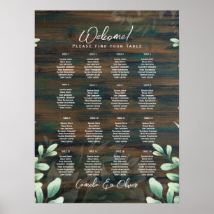 16 Table Rustic Wood Greenery Eucalyptus SEATING P Poster