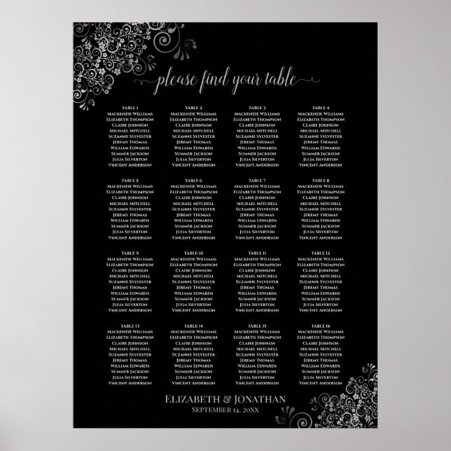 16 Table Silver Frills Black Wedding Seating Chart (Front)