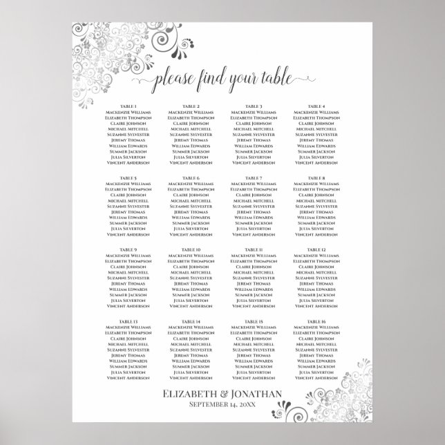 16 Table Silver Frills Wedding Seating Chart White (Front)