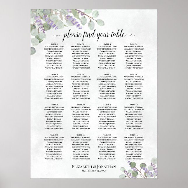 16 Table Wedding Seating Chart Eucalyptus Lavender (Front)