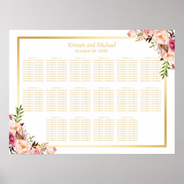 16 Tables Gold Chic Floral Wedding Seating Chart (Front)