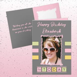 16 today add photo and name grey pink birthday card