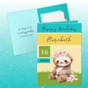16 today sloth add name turquoise yellow birthday card