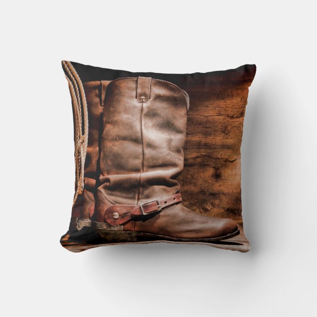 16"x16" Throw Pillow Cowboy Boots Barn Wood Rustic (Front)