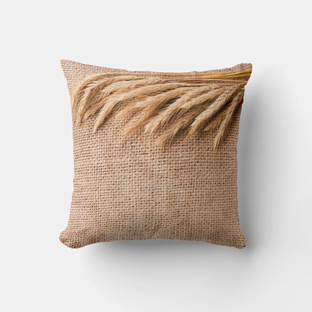 16"x16" Throw Pillow Wheat on Burlap Sack Country (Front)