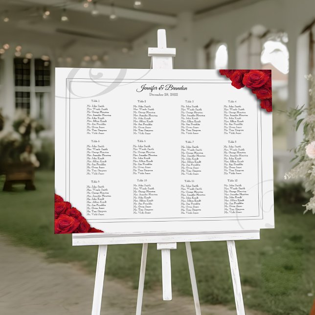 16 x 20 Red Roses Seating Chart (12 Table Elegant Red Roses Seating Chart)
