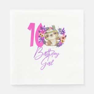 16 Year Old Birthday Girl Cute 16th Birthday Sloth Napkin