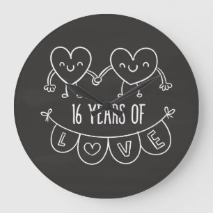 16th Anniversary Gift Chalk Hearts Large Clock