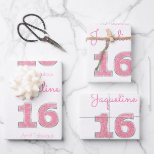 16th Birthday 16 And Fabulous Girly Pink Glitter Wrapping Paper Sheet