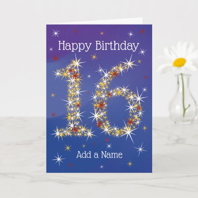 16th Birthday - 16 in Stars - Blue - Age Sixteen Card (Small Plant)