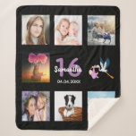 16th birthday 16 photo collage girl black sherpa blanket<br><div class="desc">A gift for a girl's 16th birthday,  celebrating her life with a collage of 8 of your photos.  Templates for a name,  age 16 and a date.  Date of birth or the date of the anniversary.  Pink,  purple and white coloured letters.  Black coloured background.</div>