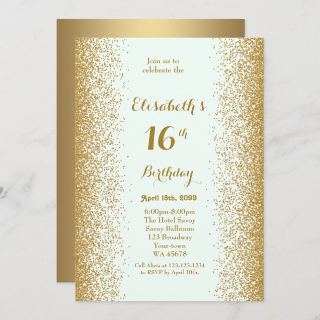 16th,Birthday 16th,Glitter, white gold Invitation (Front/Back)