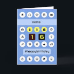 16th birthday add name personalised computing card<br><div class="desc">A fun computing-inspired 16th birthday card ready to personalise - just add a name. The background pattern has computing icons on white circles (with the addition of a few yellow birthday icons), a hashtag greeting in a pale blue speech bubble, and the age is displayed by computer buttons with the...</div>