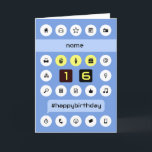 16th birthday add name personalised computing card<br><div class="desc">A fun computing-inspired 16th birthday card ready to personalise - just add a name. The background pattern has computing icons on white circles (with the addition of a few yellow birthday icons), a hashtag greeting in a pale blue speech bubble, and the age is displayed by computer buttons with the...</div>