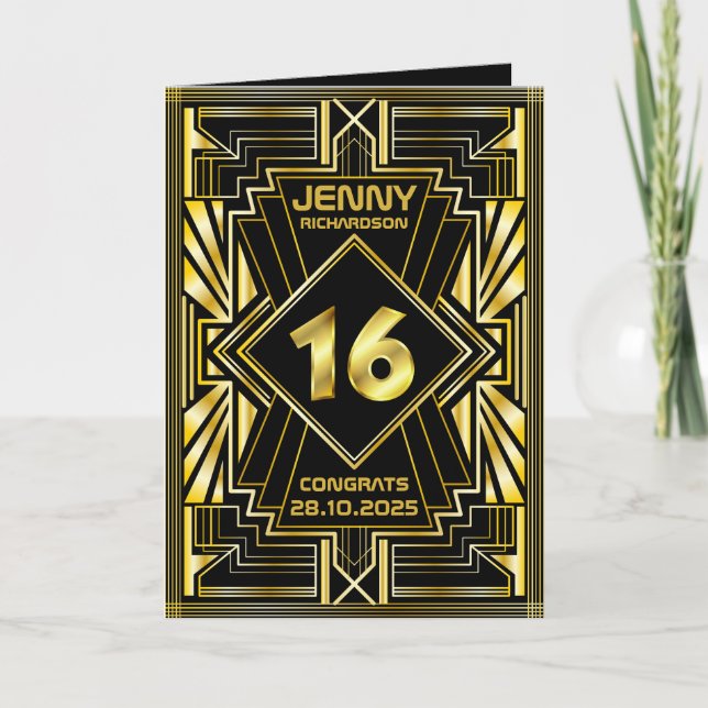 16th Birthday Art Deco Gold Black Great Gatsby Card (Front)
