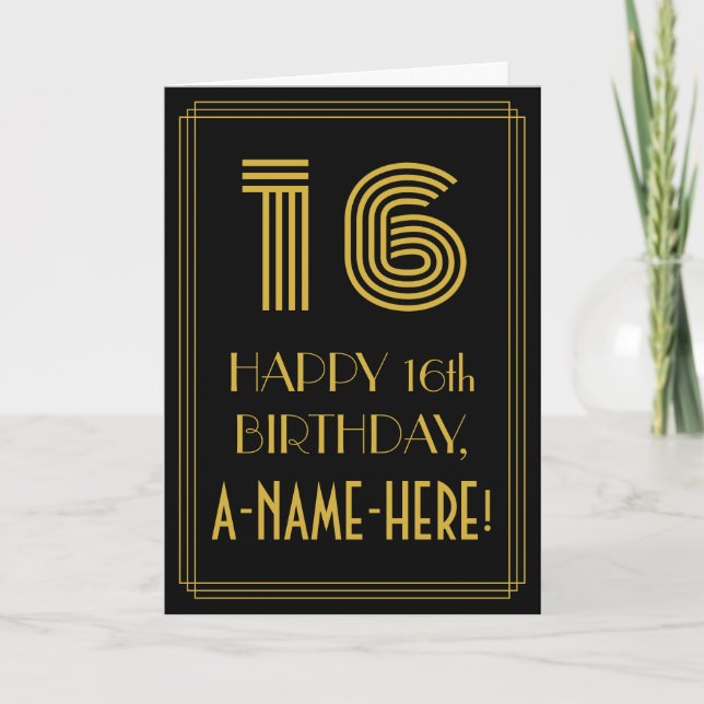 16th Birthday: Art Deco Inspired Look "16" & Name Card (Front)