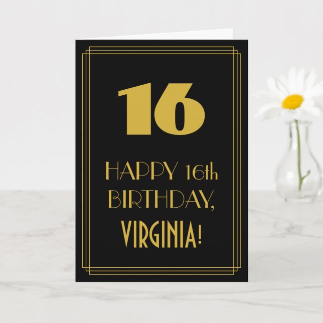 16th Birthday – Art Deco Inspired Look "16" & Name Card (Small Plant)