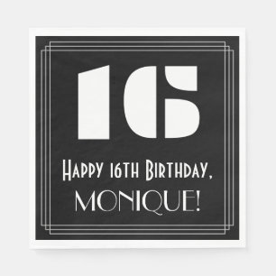 16th Birthday: Art Deco Inspired Look "16" + Name Napkin
